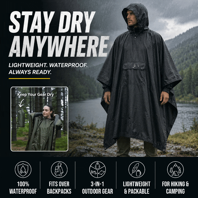 3-in-1 Adult Hooded Rain Poncho with Pocket