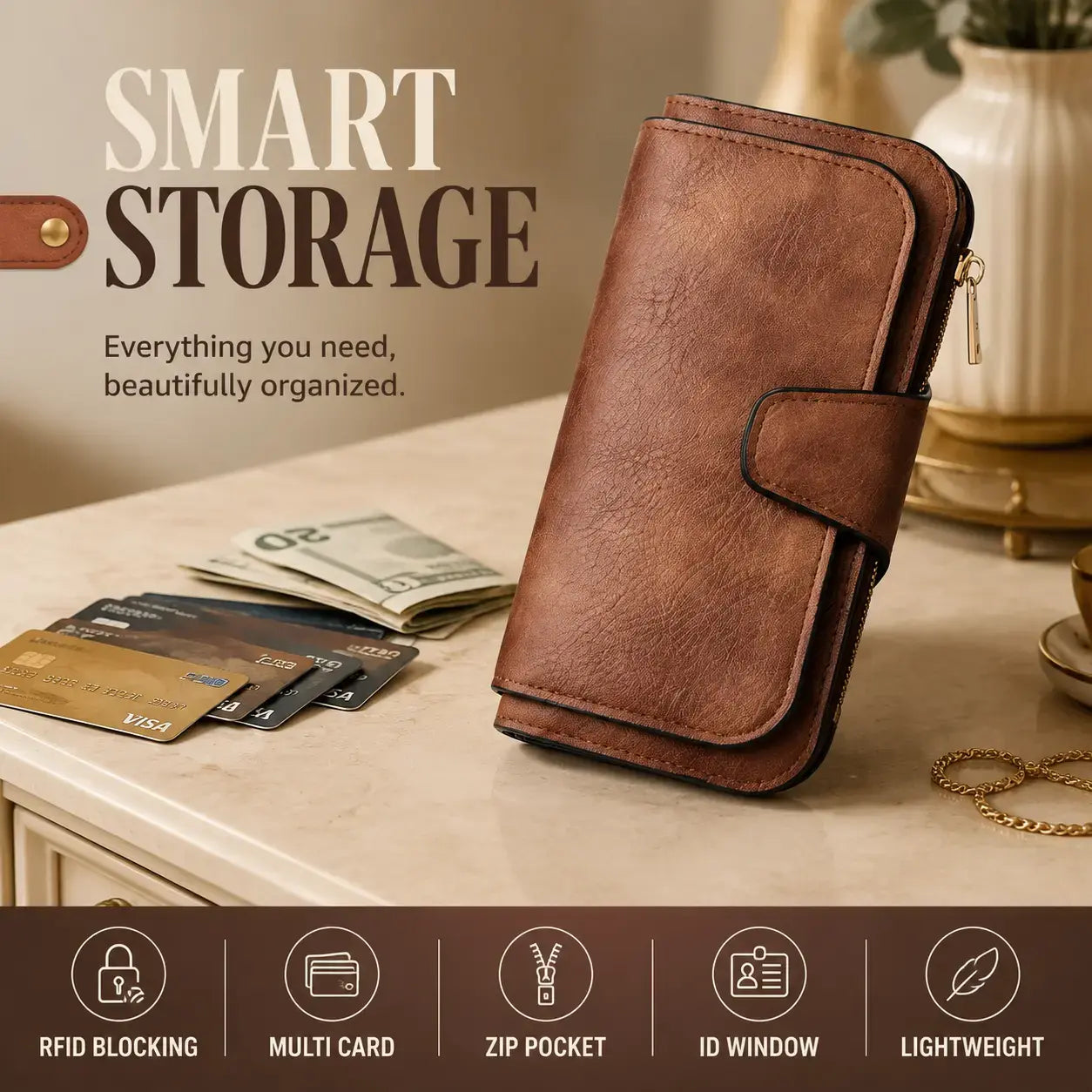 Women’s Large-Capacity RFID Trifold Wallet