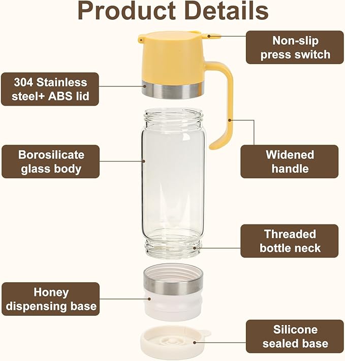 Food Grade High Borosilicate Glass Honey Dispenser, Press Type Drip Bottle