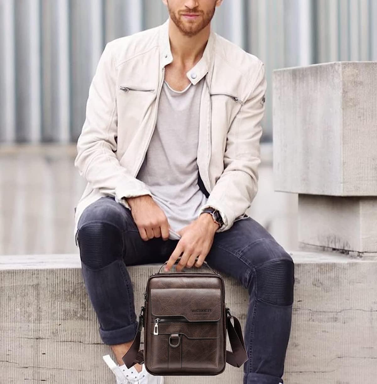 Zipper Buckle Leather Messenger Bag