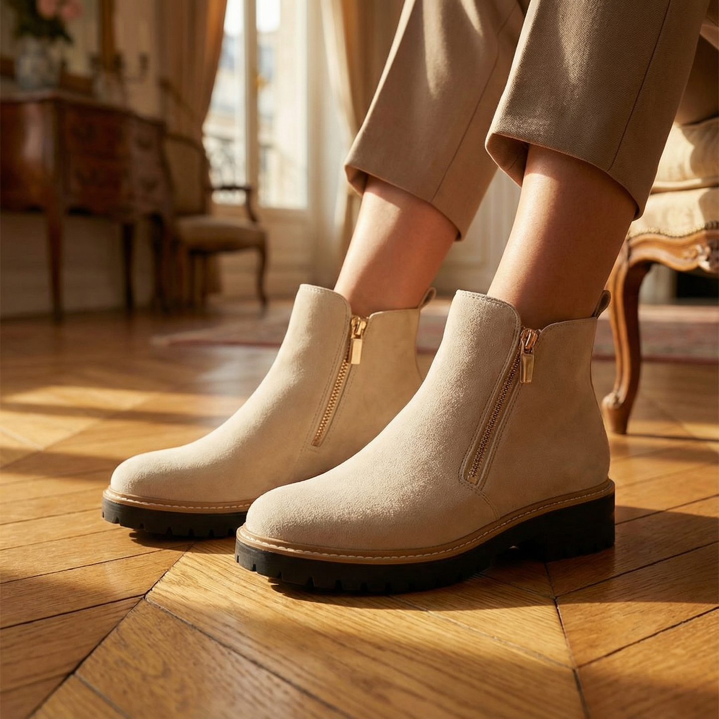 Women's Faux Suede Ankle Boots – Side Zip Closure, Non-Slip Lug Sole, Stylish Fall & Winter Streetwear