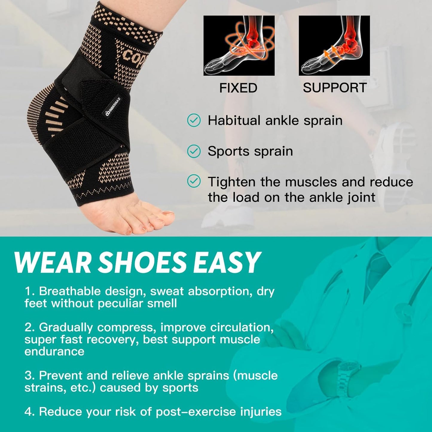 Adjustable Copper Compression Ankle Braces – Pair