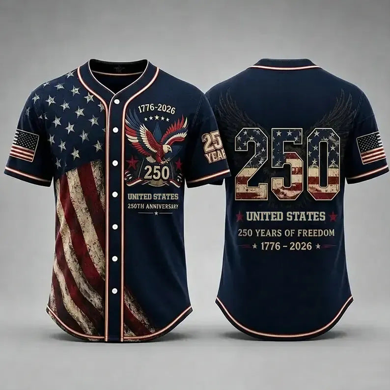 USA 250th Anniversary Baseball Jersey – Patriotic Eagle Button Shirt Plus Size Friendly
