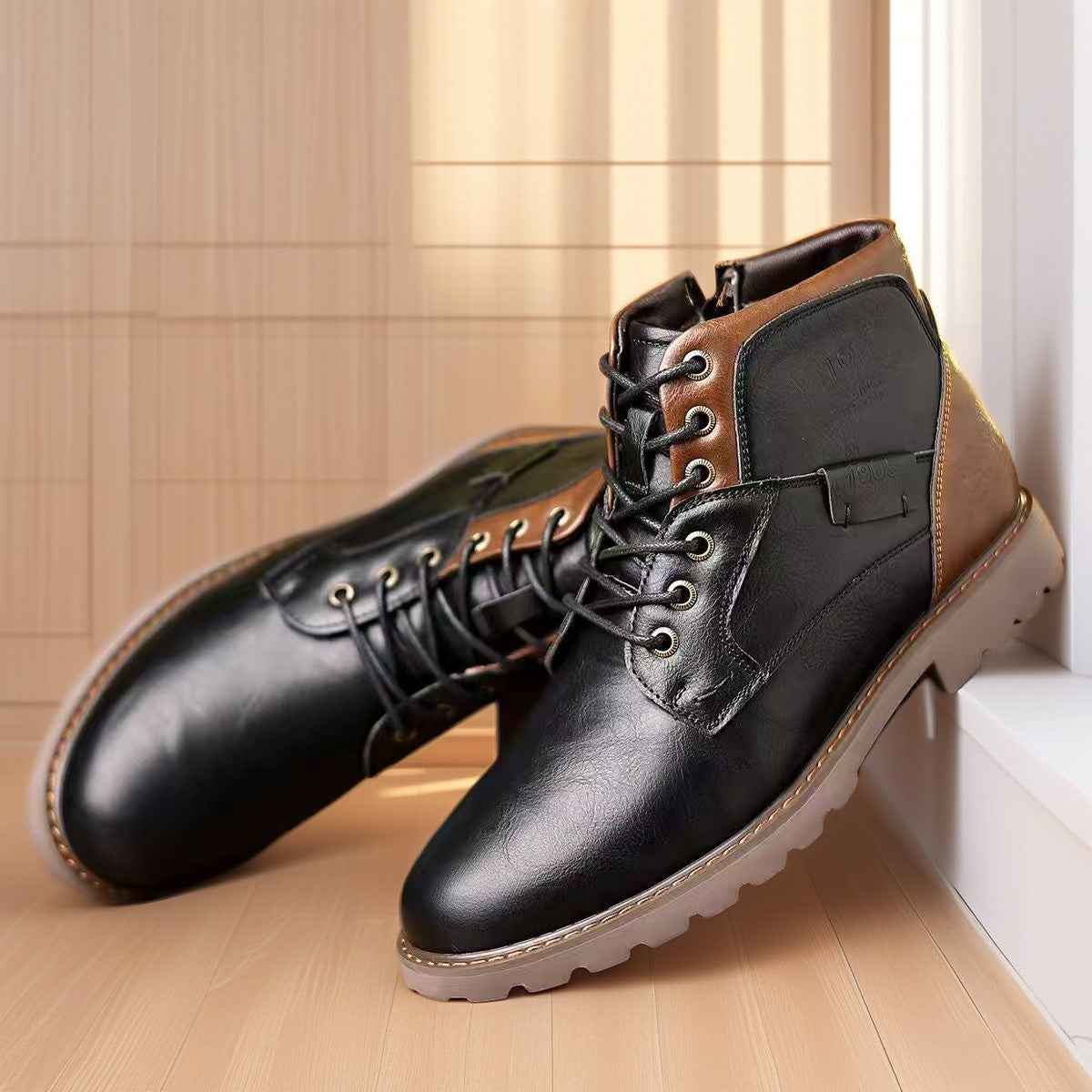 Quality Shoes for Men 2026 Botines - Men's Casual Pointed Toe Leather Lace-Up Ankle Work Boots