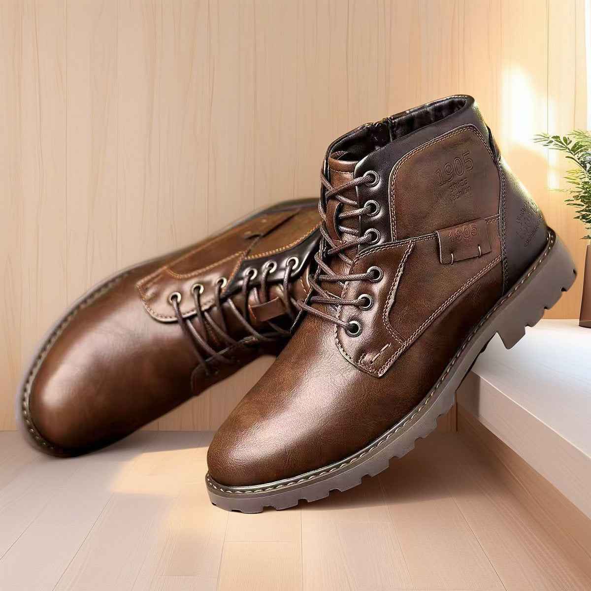 Quality Shoes for Men 2026 Botines - Men's Casual Pointed Toe Leather Lace-Up Ankle Work Boots