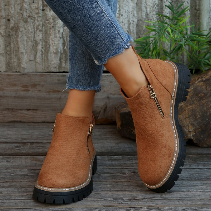 Women's Faux Suede Ankle Boots – Side Zip Closure, Non-Slip Lug Sole, Stylish Fall & Winter Streetwear