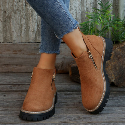 Women's Faux Suede Ankle Boots – Side Zip Closure, Non-Slip Lug Sole, Stylish Fall & Winter Streetwear