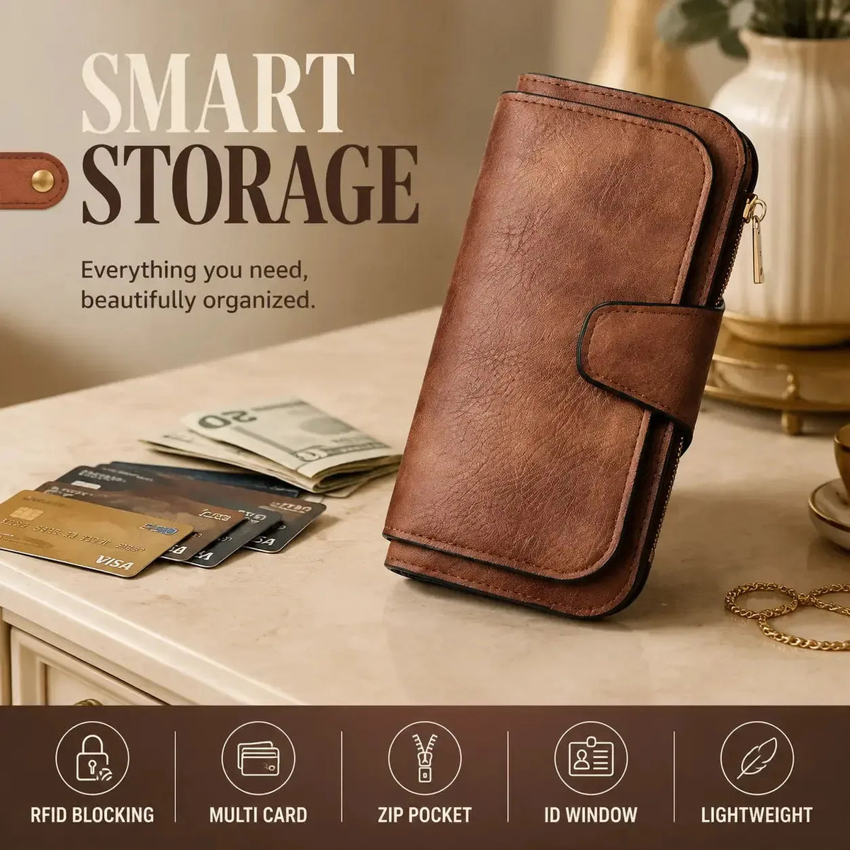 Women’s Large-Capacity RFID Trifold Wallet