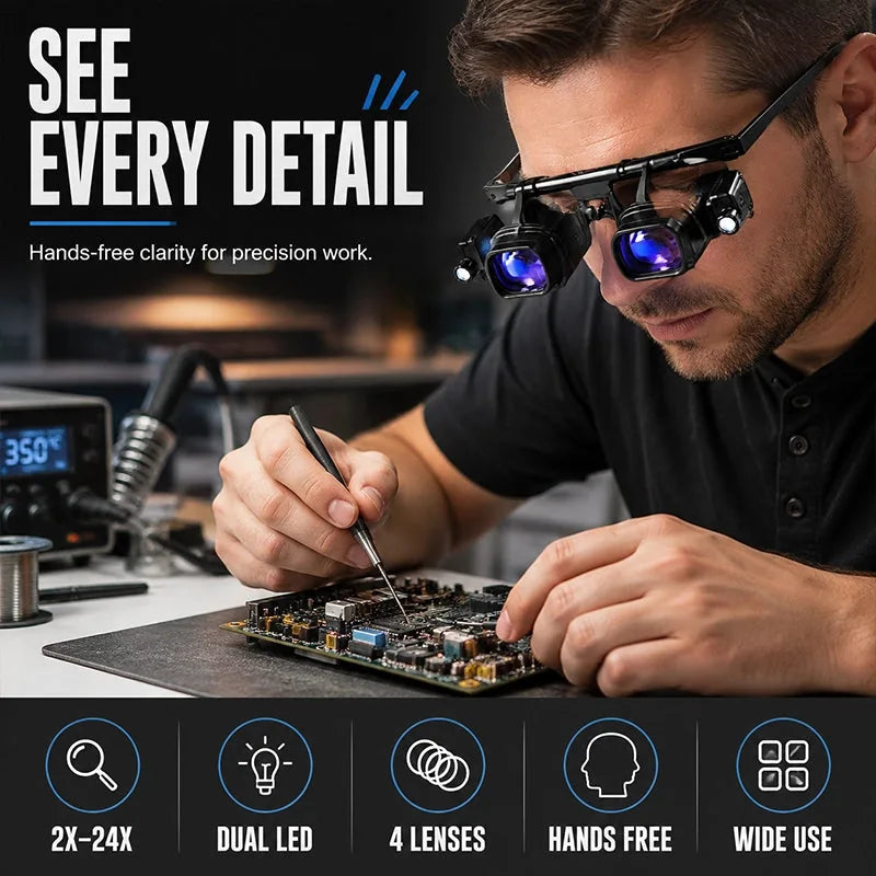 LED Headband Magnifier with 4 Lens Plates