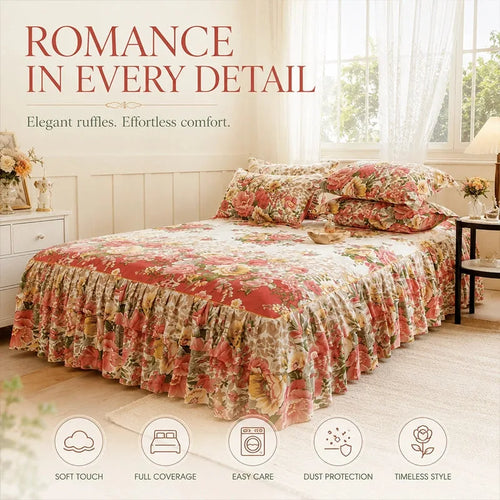 Floral Ruffled Bed Skirt Set with 2 Pillowcases