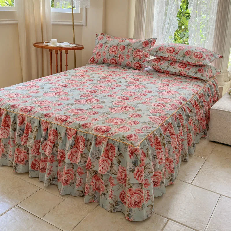 Floral Ruffled Bed Skirt Set with 2 Pillowcases
