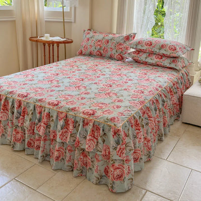 Floral Ruffled Bed Skirt Set with 2 Pillowcases