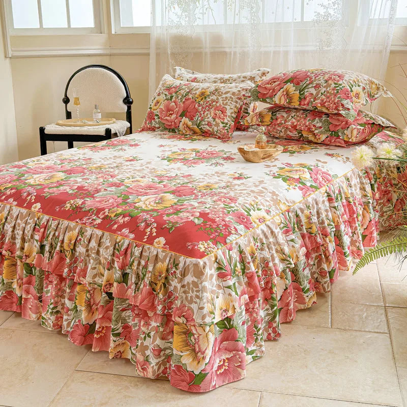 Floral Ruffled Bed Skirt Set with 2 Pillowcases