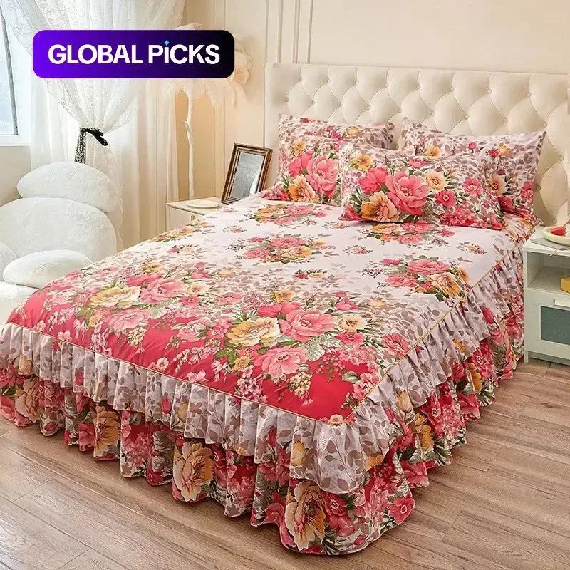 Floral Ruffled Bed Skirt Set with 2 Pillowcases – product image 2