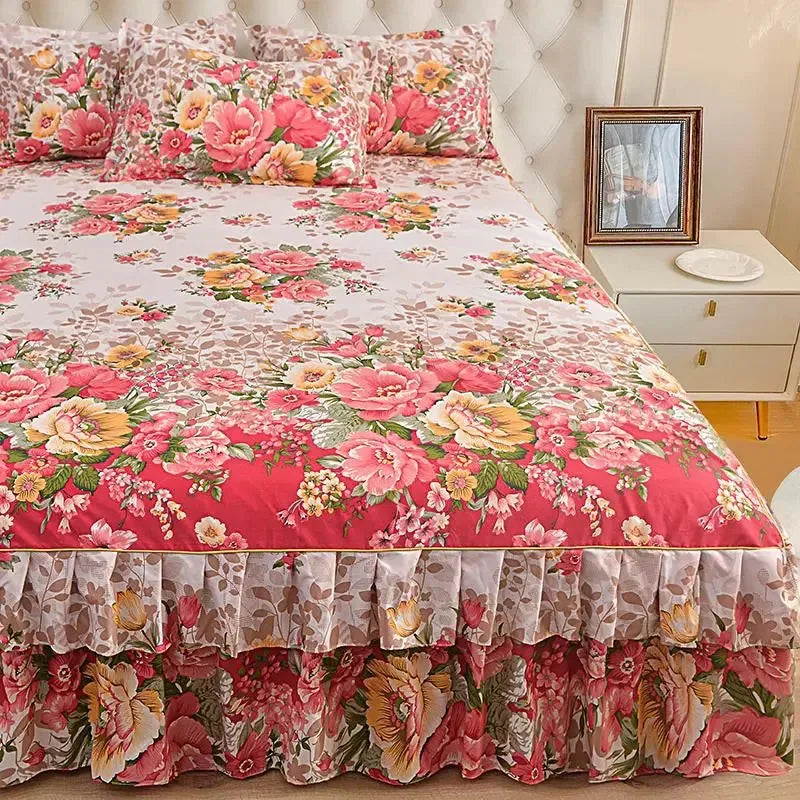 Floral Ruffled Bed Skirt Set with 2 Pillowcases – product image 4