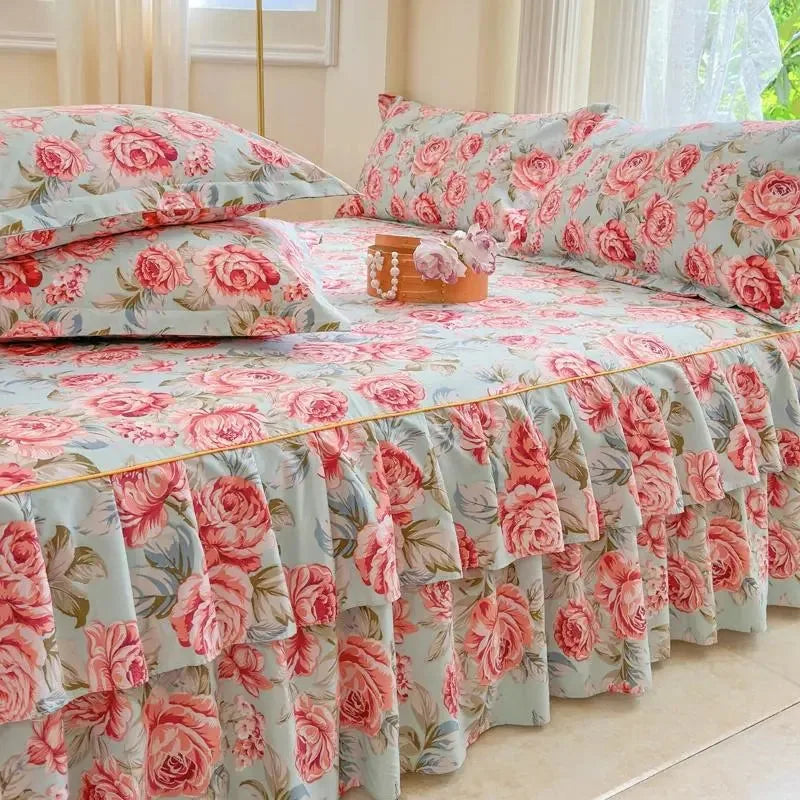 Floral Ruffled Bed Skirt Set with 2 Pillowcases